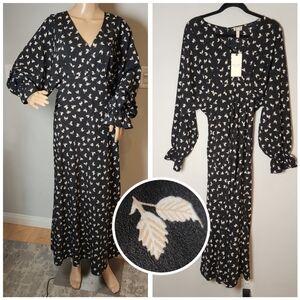 NWT Mo:vint Black Leaf Foliage Dolman Batwing Long Sleeve Pleat Maxi Dress Large